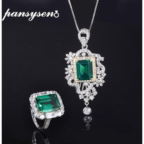 PANSYSEN Solid 925 Sterling Silver Emerald Gemstone Jewelry Sets Vintage Ring Pendante Necklace Women Cocktail Gift Wholesale