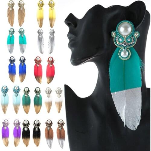 KpacoTa Fashion Charm Handmade big feather earrings Soutache Ethnic Jewelry women pearl decorative Exaggerated long earring gift