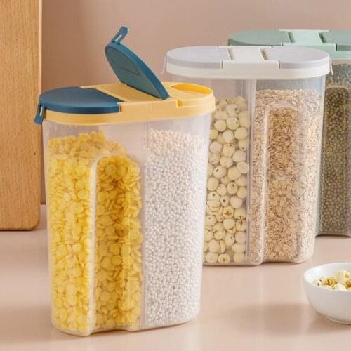 Kitchen Food Storage Container Organizer Pasta Grains Plastic Storage Box Transparent Two Grids Fresh-keeping Sealed Cans