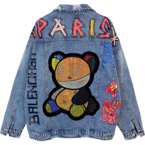 NEWDISCVRY Womens Funny Bear Pattern Diamonds Denim Coats and Jackets Style Loose Decor Jean Jacket Street Style Clothes