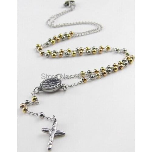 26''+ 3cm Fashion Rosary 3mm Stainless Steel Religous Beads Crucifix Cross Necklaces Chains Men Women 2-Two Holiday Jewelry