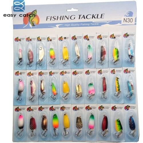 Easy Catch 30pcs Hard Metal Fishing Spoon Lures Mixed Color Assorted Spoon Artificial Spinner Bait Fishing Blades Wobblers Set