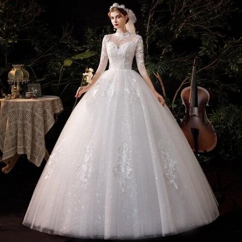 High Neck Wedding Dress 2021 Luxury Three Quarter Sleeve Lace Up Ball Gown Vestido De Noiva Plus Size