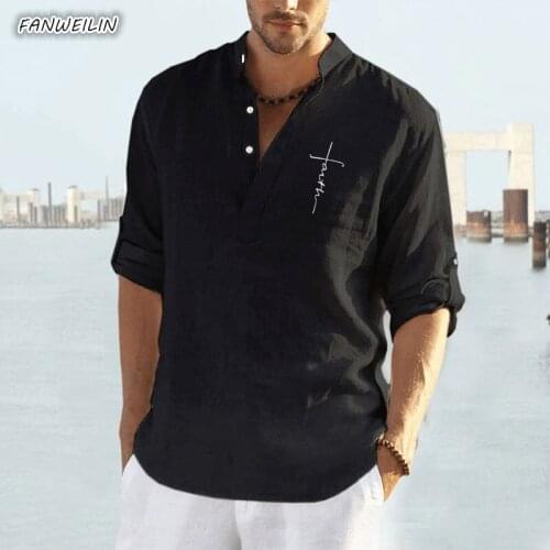 2021 Autumn New Mens Long Sleeve Linen Shirt Oversized Letter Printed Stand Collar Pullover Black Shirts For Men Chemise Homme