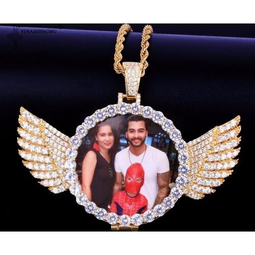 Custom Made Photo With Wings Medallions Gold Necklace & Pendant Rope Chain Cubic Zircon Mens Hip Hop Jewelry For Gift 7.5x5.5cm