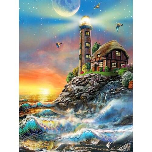 Landscape Lighthouse Printed Fabric 11CT Cross Stitch Full Kit Embroidery DMC Threads Knitting Hobby Handicraft Craft Home