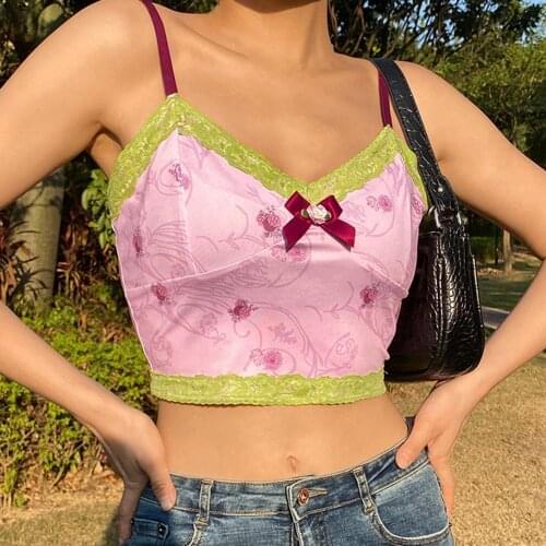 2021 Summer Women Sexy Pink V Neck Sleeveless Floral Print Bow Camisole Lace Trim Decorative Bow Cropped Tanks Top Vest
