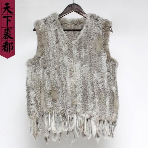 Hot Sale Women Genuine Real Rabbit Fur Vests Fashion Warm Knitted Real Rabbit Fur Gilets Tassel Authentic Rabbit Fur Vests