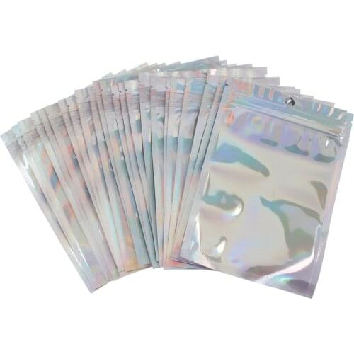 100 Pieces Resealable Bags Foil Flat Ziplock Bag Small Goods Storage Bag for Party Favor Food Storage Holographic Color Bag