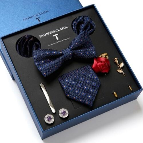 2021 New High Grade Holiday Gift Men Wedding Necktie set for Men Silk Tie Hanky Cufflinks Tie Clips and Lapel Pin Bowtie Set