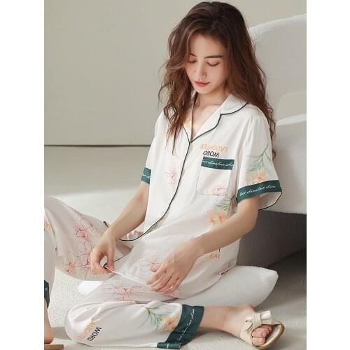 Satin Pajamas for Women PJ Short Sleeves Pijama Mujer Button-Down Summer Print Sleepwear Women White Ice-Silk Pyjamas Femme