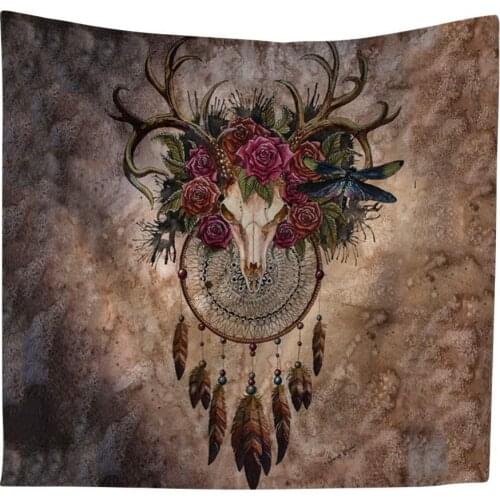 Bull Watercolor Buffalo Skull with Feathers on Golden Mandala Animal in Boho Style Hand Catcher Cow Dream