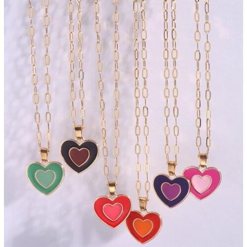 JUST FEEL INS Creative Double Layer Enamel Heart Pendant Necklace For Women Simple Gold Color Metal Chain Necklace Trend Jewelry