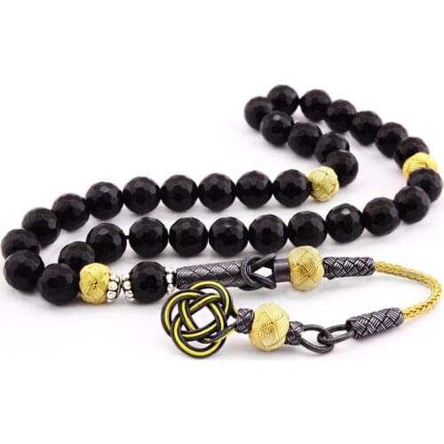 Tesbihane 1000 Sterling Silver Kazaz Tassels Facet Sphere Cut Yellow-Black Onyx Natural Stone Rosary