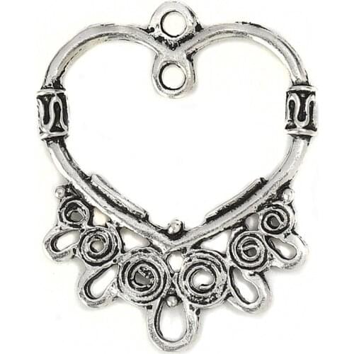 Doreen Box Zinc Based Alloy Chandelier Connectors Heart Silver Color Jewelry Accessories 30mm(1 1/8") x 24mm(1"), 20 PCs