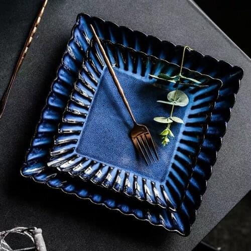 KINGLANG Ceramic Klin Glazed Blue Porcelain Tableware Restaurant Western-style Food Dish Square Dinner Platter Wholesale