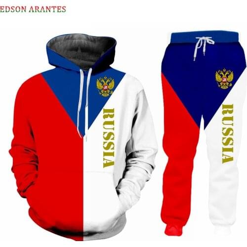 Cool 3d Russian Flag Print Mens Sets 2 Piece Hoodie Tracksuit Sets Casual Russia Eagle Jogging Pants Suits Unisex Custom Clothes