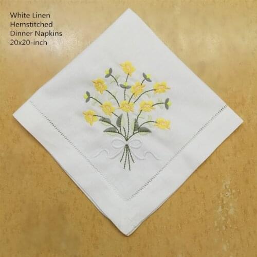 Set of 12 Fashion Dinner Napkins white Hemstitched linen Table Napkin with Color Embroidered Floral Wedding Napkins 20x20-inch