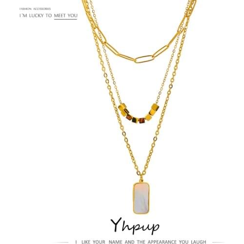 Yhpup Stylish Natural Shell Square Pendant Necklace Stainless Steel Metal Layered Collar Necklace Titanium Steel Jewelry 2021
