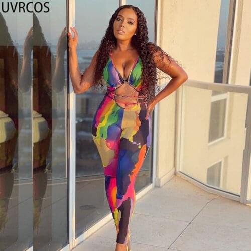 UVRCOS Womens Rompers Sexy Cut Out Slim Playsuits Summer Sleeveless Tie Dye Lace Up Thin One Piece Overalls Night Club Jumpsuits