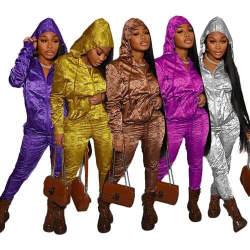Echoine Ladies Casual Sexy Letter Print Hooded Long Sleeve Zipper Coat Tops Trousers Reflective Satin Sports Outfits Fall Woman