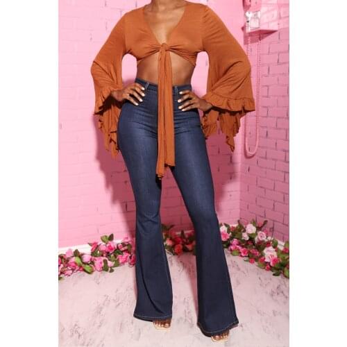 FNOCE 2020 new womens jeans pants fashiont rends street elegant solid high waist tight stretch slim full denim Flare Pants