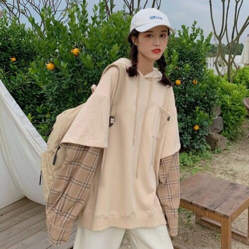 FemaleHoodies Fashion New Patchwork Plaid Pocket Fake Two Piece Harajuku Casual Loose Student Womens Pullovers Sweatshirt