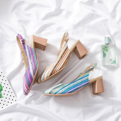 2021 Rainbow Color Woman Pumps Slip-On 5CM Slingback Chunky Low Square High Heel Single Pointed Toe Shoes For Dress Size 32-50