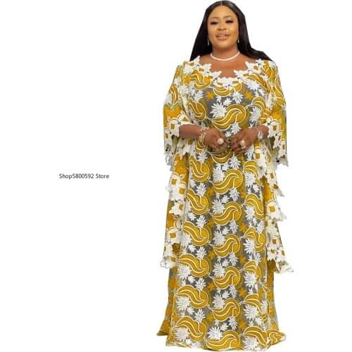 2021 Dashiki Water Soluble Lace Boubou Robe African Dresses for Women Africain Femme Abaya Dubai Kaftan Dress European Clothing