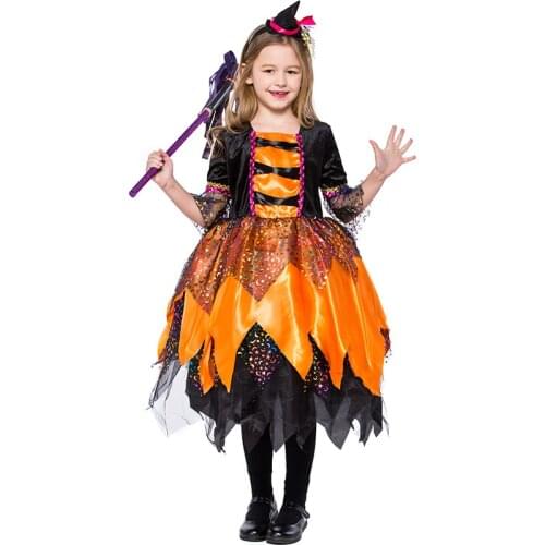 M-XL disfraces Girls Halloween Witch Costumes Children Sorceress Cosplay Kids Thanksgiving Day Pumpkin skirt Masquerade dress