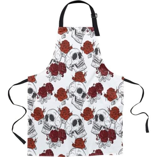 Skull Red Rose White Printed Kitchen Cooking Baking Aprons Canvas Sleeveless For Women Man Kids Home Delantal Cocina