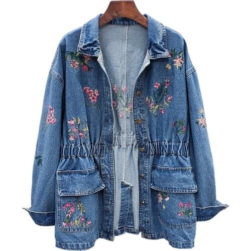 Autumn Fashion Embroidery Flowers Denim Jacket Coat Women Elasticity Waist Outerwear Korean Loose Mid Long Jeans Jackets Female