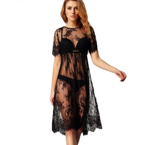 Summer Sexy Women Lace Dress Transparent Casual Short Sleeve Beach Dress O Neck See Through Vestido