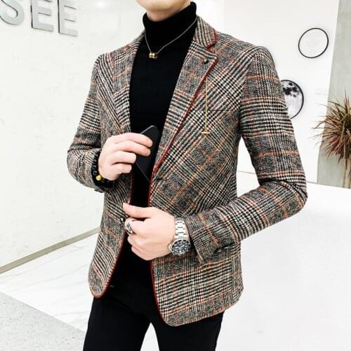 Men Wool blend Blazer Plaid Suit Jacket Men Blazer Masculino Vintage Terno Masculino Blazers Men Terno Masculino Blaser Homens