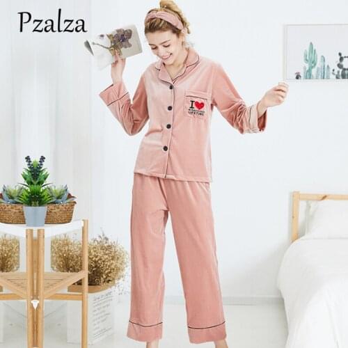Loose Letter Long Sleeve Pajamas Pants 2-PC Pajamas Set Sleepwear Nightwear Autumn Winter Pajamas Women Velour Nightgown Female