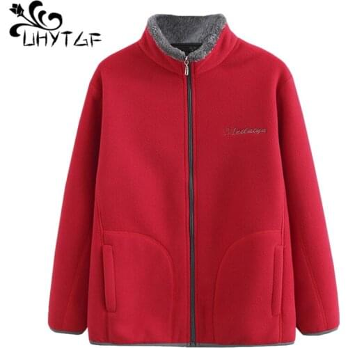 UHYTGF Middle-Aged Elderly Autumn Sportswear Women Polar Fleece Casual Warm Jacket Pure Color Wild Loose 5XL Plus Size Coat 1960