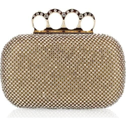 High Quality Silver Gold Black Full Crystal Evening Bag Clutch Wedding Purse Rhinestone Wedding Handbags Finger Ring Evening Bag