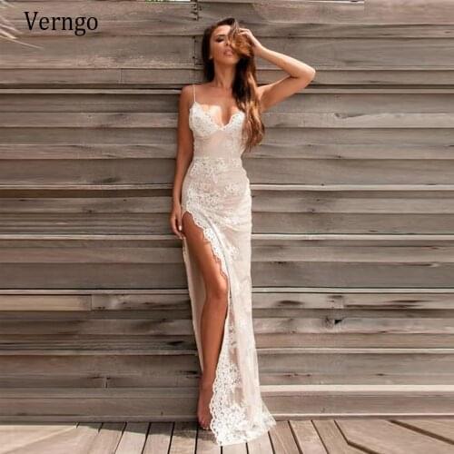 Verngo Vintage Lace Wedding Dress Spaghetti Straps Sexy Vestido de novia Lace Sweetheart Slit Bridal Gown Sheath Wedding Gowns