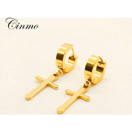 Cinmo Stainless Steel Piercing Drop Earrings Korean Long Christian Cross Dangles For Men Women Wholesale Religion Ear Jewelry