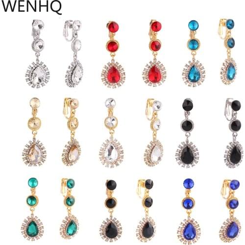 WENHQ 12 Colors High-grade Rhinestone Crystal Tear Drop Shape Clip on Earrings No Pierced for Women Wedding No Hole Ear Clip New