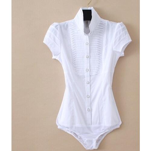 Plus Size Women Formal White Shirt Fashion Summer Short Sleeve Pleated Bodysuit Ladies Tops Blouse Black Stand Blusas Mujer 4XL