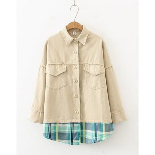 Plus Size 2XL-5XL Womens Black Cotton&Denim Jackets Plaid Patchwork Long Outerwear