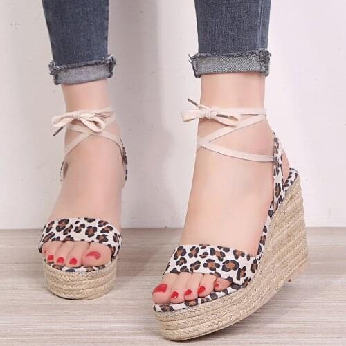 Explosion style new womens sandals sexy leopard ankle strap fashion slope with simple wild elegant dating womens shoes U23-39