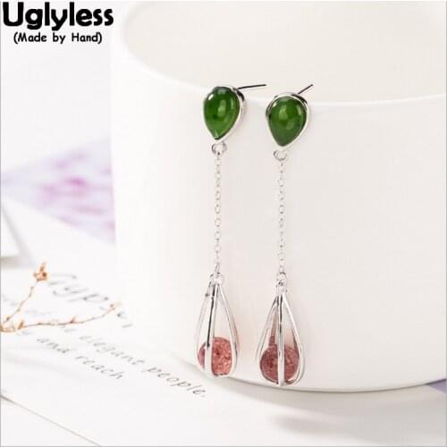 Uglyless 100% Real 925 Sterling Silver Handmade Water Drop Jade Earrings Strawberry Quartz Ball Earrings for Women Fine Jewelry