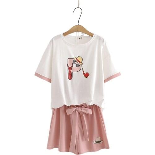 Two Piece Set Women Cartoon Print Short Sleeve T Shirts And Hight Waist Embroidery Mini Shorts With Sashes 2020 Sweet Woman Sets