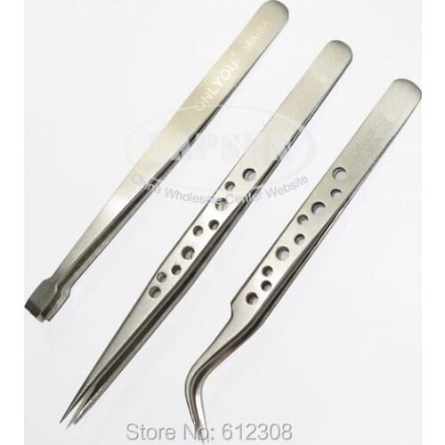 3pc/Lot Non-magnetic Steel Nonskid Hole Tweezer Flat Straight Curved Reversed Forceps Hobby Craft Gluing Jewelry