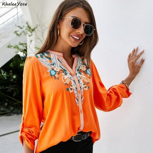 KHALEE YOSE Floral Embroidery Blouses Shirt Orange Cotton autumn Boho Mexican Shirts Plus Size 2xl 3xl Ethnic Hippie Tops 2021