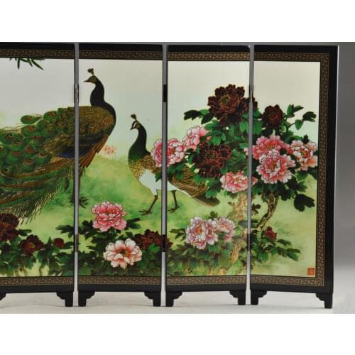 Details Old about Superb Beautiful Oriental Lacquer Handwork Painting peafowl fold screen