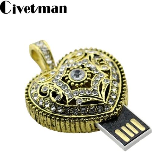 Crystal USB Flash Drive Bronze Heart Pendant 8GB 16GB 32GB 64GB 128GB 256GB USB Memory Disk Metal Pen Drive USB 2.0 Flash Drive