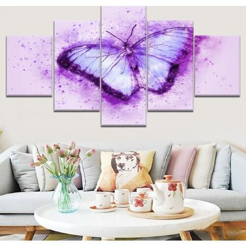 Paintings Canvas 5 Piece HD Print Picture Modern Poster Purple Butterfly Decoration Wall Art for Home Decorations Wall Decor
